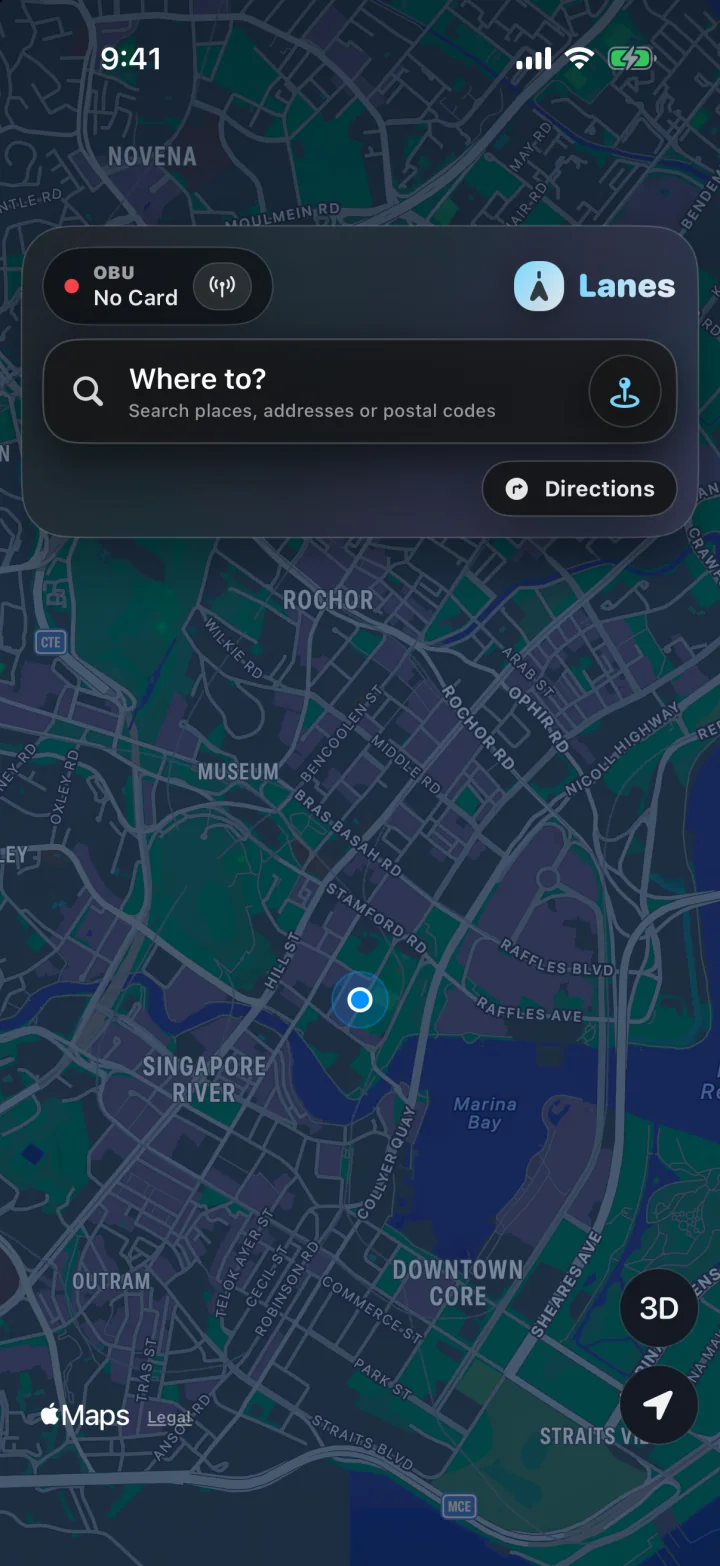 Lanes destination search on a map of Singapore